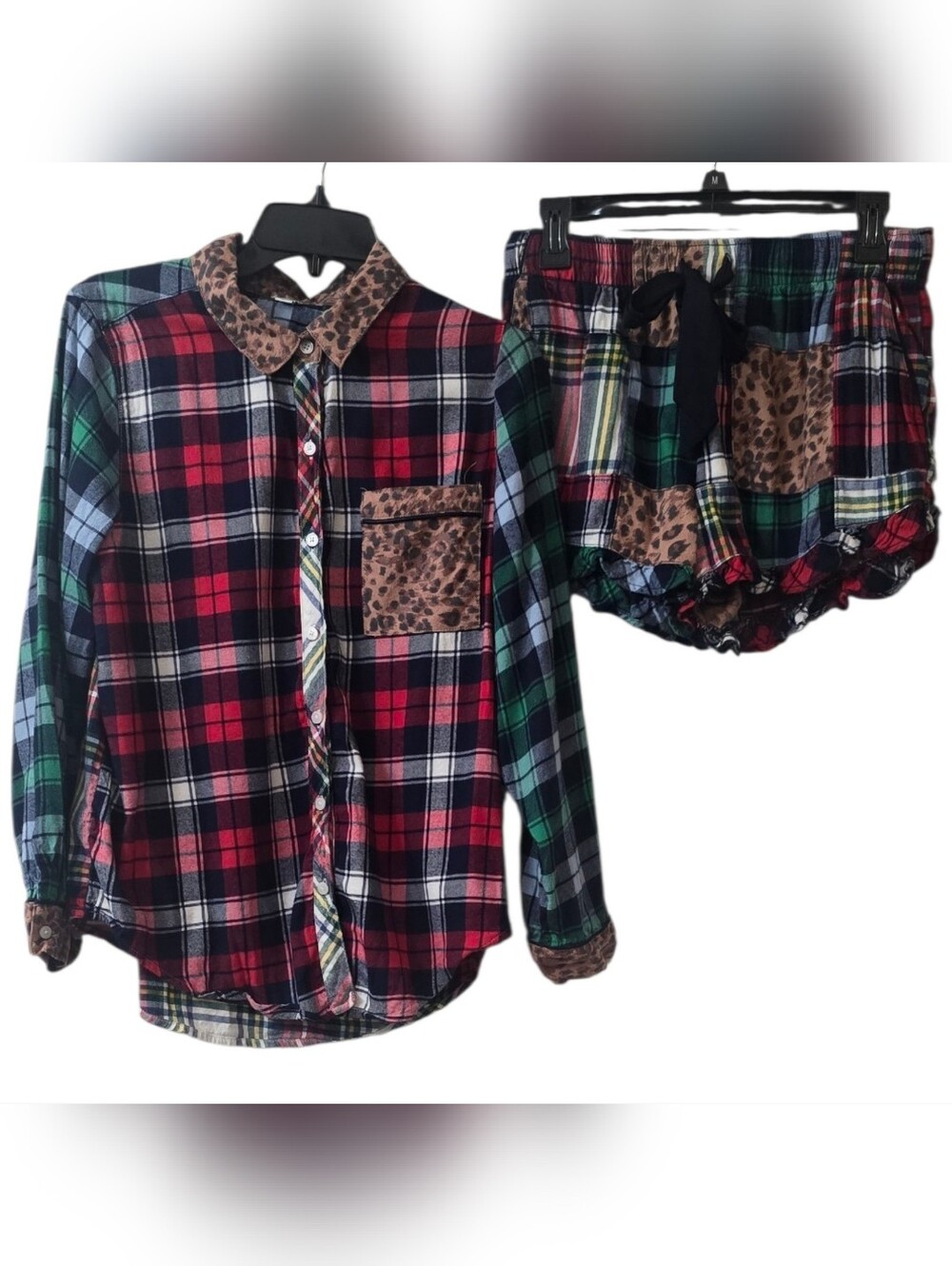 aerie Navy, Red & Green Plaid Lounge Wear Set with Leopard Trim Size M